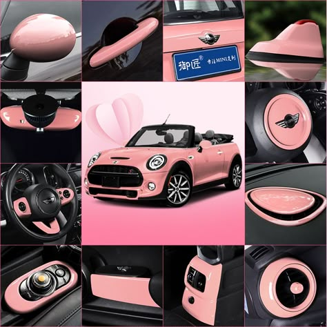 Mini Cooper Pink Interior, Pink Mini Cooper Aesthetic, Pink Mini Cooper Convertible, Mini Cooper Accessories Interiors, Mini Cooper Aesthetic Interior, Mini Cooper Interior Ideas, Pink Mini Cooper, Mini Cooper Aesthetic, Pink Mini Coopers