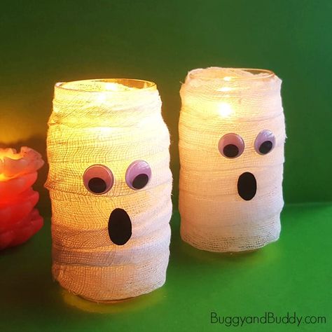 DIY Glowing Mummy Lantern Craft for Kids for Halloween Mummy Crafts For Kids, Easy Halloween Diy Crafts, Lantern Crafts For Kids, Kids Lantern, Glow Stick Jars, Mummy Crafts, Egyptian Party, Halloween Crafts To Sell, Glow Jars