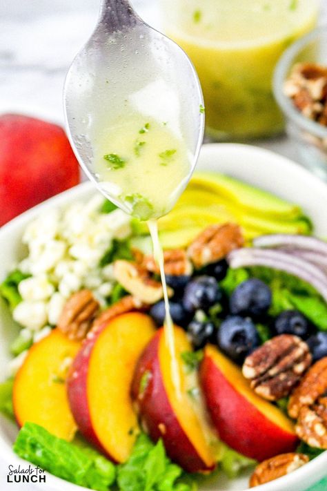 Summer Peach Salad with Fresh Mint Dressing Banana Energy Bites, Salads For Lunch, Banana Energy, Mint Dressing, Easy Summer Salad, Healthy Lunch Salad, Strawberry Feta, Vegetable Pasta Salads, Peanut Butter Energy Bites