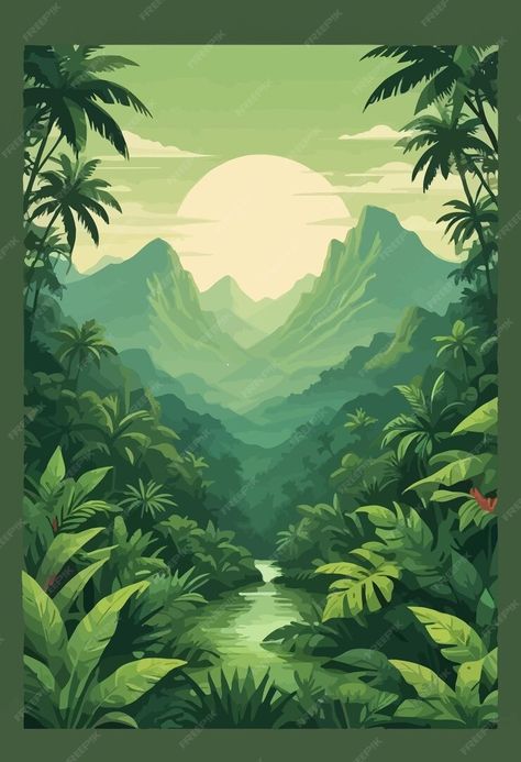 Premium Vector | A poster for a tropical paradise with a river and mountains in the background Mountain Background Illustration, Coffee Mural, Tropical Mountains, River Illustration, River Drawing, Tropical Posters, Soft Board, Mountain Poster, Tropical Poster