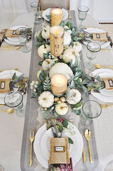 The simplicity of the white plates on the natural linen is beautiful. I bought these white plates at HomeGoods. I love their texture and curved shape; they add so much interest to this tablescape. Sponsored by HomeGoods Fall Dining Table, Halloween Fest, Rustic Wedding Decorations, Centerpiece Christmas, Autumn Dining, Tafel Decor, Christmas Tablescape, Fall Table Settings, Fall Thanksgiving Decor