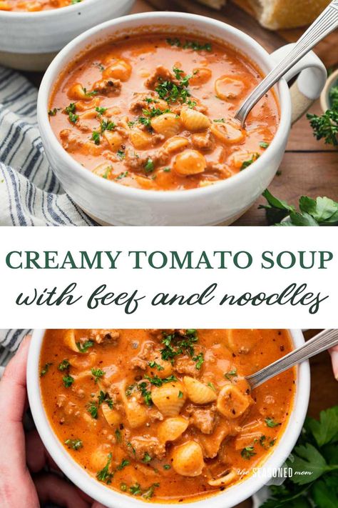 Creamy tomato soup with ground beef and noodles is an easy one-pot dinner that's ready in less than 45 minutes! Add a loaf of crusty bread or a simple green side salad for a delicious and family-friendly weeknight meal. Ground Beef And Noodles, Easy Taco Soup, Beef Soup Recipes, Soup With Ground Beef, Creamy Tomato Soup, One Pot Dinner, Small Pasta, Tomato Soup Recipes, Green Side