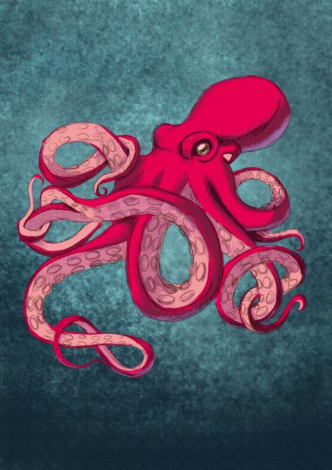 Red Octopus, Geoffrey Megardon on ArtStation at https://www.artstation.com/artwork/48kOZ2 Red Octopus Drawing, Octopus Street Art, Octopus Digital Art, Octopus Illustration Graphic Design, Octopus Art Illustration, Octopus Drawings, Octopus Art Drawing, Octopus Tattoo Ideas, Japanese Octopus