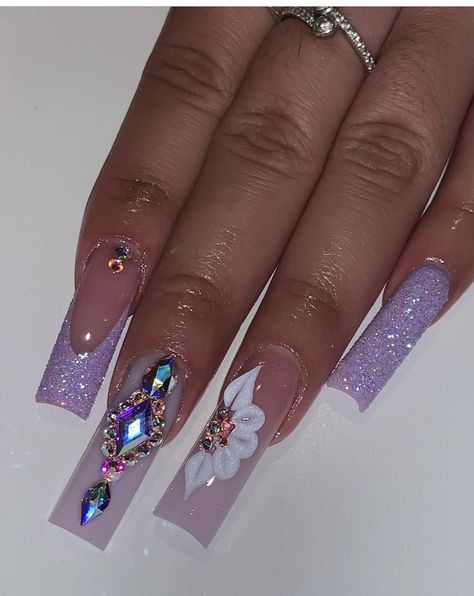 Lilac Purple Nails With Design, Lilac Nails Acrylic Lavender Square, Purple Nail Designs Quince, Purple French Tip Nails With Rhinestones, Lilac Long Nails, Extra Quince Nails, Lilac Square Acrylic Nails, Lilac Nails Acrylic Design, Lilac Prom Nails Acrylic