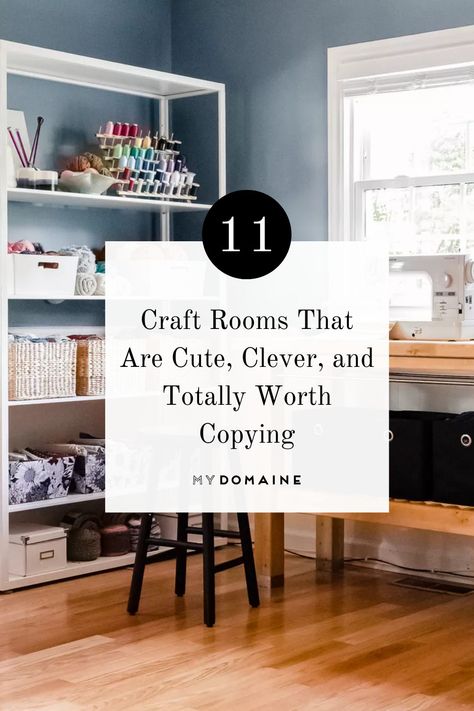 Craft Room With Couch, Creative Space Organization, Small Art Room Ideas Home, Stylish Craft Room, Craft Room Library Combo, Craft Room Den Combo, Accent Wall Craft Room, Office Art Room Combo, Craft Room Wallpaper Ideas