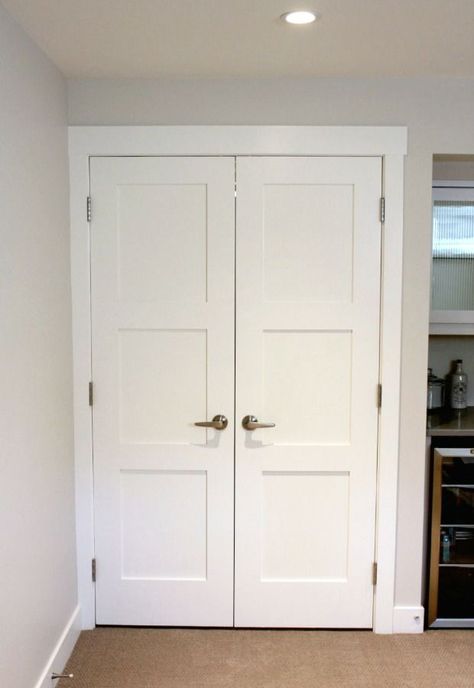 Double Door Storage Room Entrance | White Painted Shaker Style Doors | Satori Design for Living Shaker Interior Doors, Double Closet Doors, Storage Rooms, Interior Door Styles, Double Closet, Shaker Style Doors, Door Entrance, Room Entrance, Room White