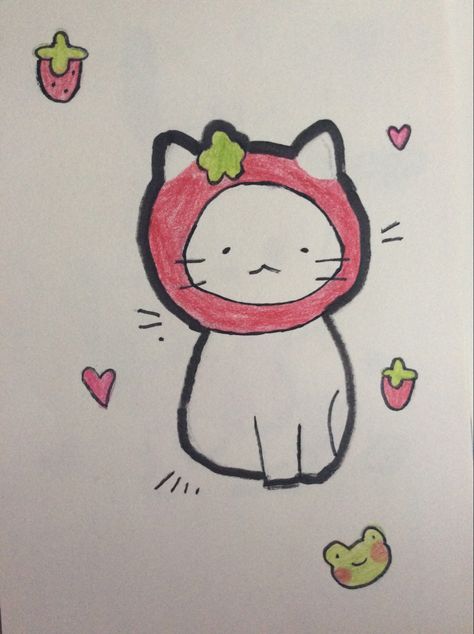 Strawberry Cat Drawing, Strawberry Cat, Cat Drawing, Drawings, Quick Saves