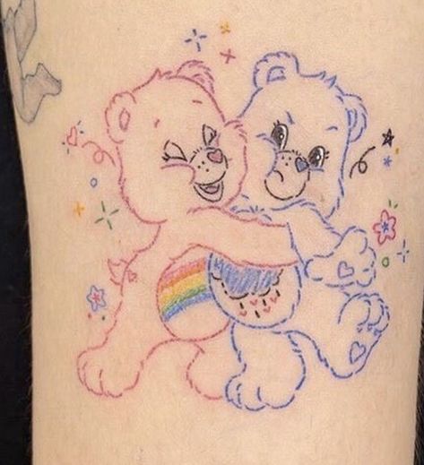 Pink Care Bear Tattoo, Care Bear Tattoo Outline, Care Bears Tattoo Ideas, Carebears Tattoos, Carebear Drawing, Grumpy Bear Tattoo, Care Bear Tattoo Ideas, Care Bear Tattoo, My Little Pony Tattoo