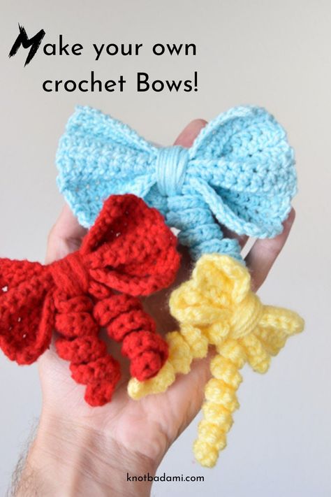 Learn how to crochet your own little cute bows with this beginner friendly pattern! You can find this bow project as a free crochet pattern. Add them to finished projects or use them as an adorable hair accessory! This free DIY crafting project has a step by step photo tutorial on how to create your own. Quick, easy, and simple. Made in many colors and has three sizes. Any yarn can be used for this easy and quick free crochet pattern, perfect free crochet bow pattern for amigurumi. Crochet Bows Free Pattern Easy, Crocheted Bows, Crochet Bows Free Pattern, Crocheted Scrunchies, Crochet Bow Pattern, Crochet Hair Bows, Crochet Bow, Crochet Bows, Pola Amigurumi