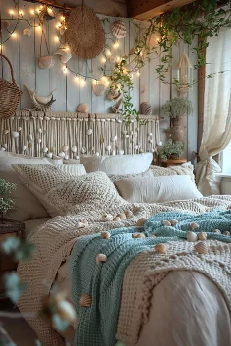 Beach Inspired Bedroom Bohemian, Bed Rooms Ideas Beach, Boho Coastal Bedroom Decor, Beach Boho Bedroom, Boho Beach Room, Ocean Bedroom Ideas, Ocean Theme Bedroom, Beachy Room Ideas, Boho Beach Bedroom