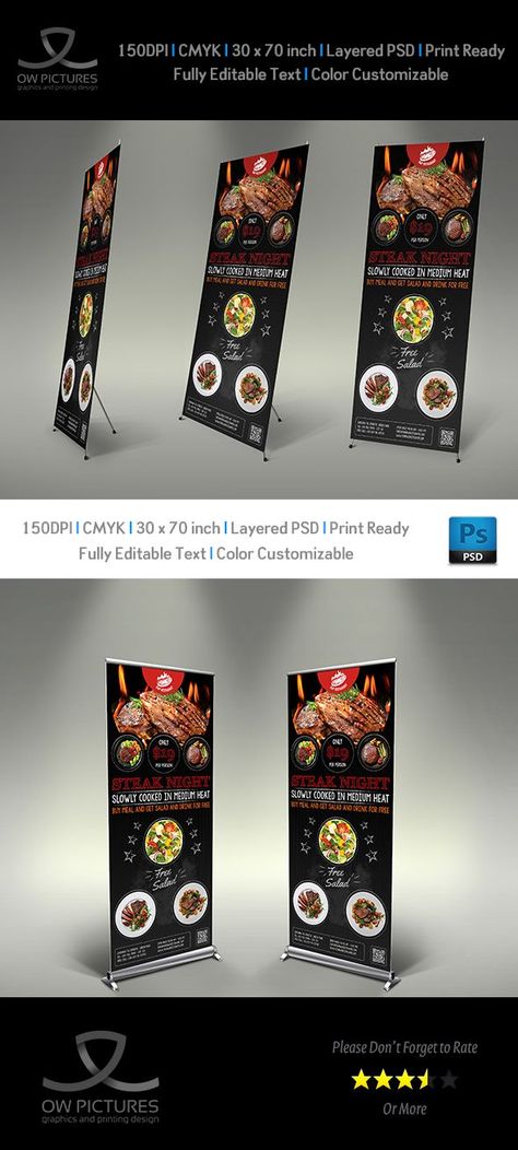 Boost your company’s sales and attract new customers! This Grill Steak signage / Grill House Roll Up Design Template has been developed to boost your Ultimate Marketing Opportunity and solid brand/product awareness and promotion! Perfect for large and small businesses.Outdoor Banners!!! Signage Roll-Up Banner Feature: Fully layered PSD files Easy customizable and editable 30×70 (with 2.00 inch bleeds) CMYK Colors 150 DPI resolution Print ready format Steak Buffet, Grill House, Grill Steak, Steak Restaurant, Restaurant Signage, Roll Up Design, Outdoor Banners, Grilled Steak, Cmyk Color