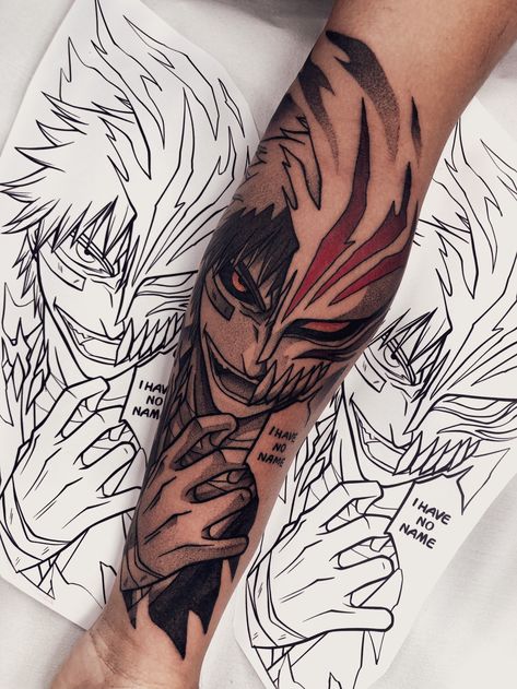 por @menudotattoo - Ichigo kurosaki - bleach - otaku - geek - anime - hollow - vasto lorde - tatuagem Ichigo Tattoo Hollow, Anime Arm Tat, Vasto Lorde Ichigo Tattoo, Bleach Tattoos Anime, Bleach Mask Tattoo, Ichigo Kurosaki Tattoo Design, Small Bleach Tattoo, Ichigo Bankai Tattoo, Hollow Ichigo Tattoo