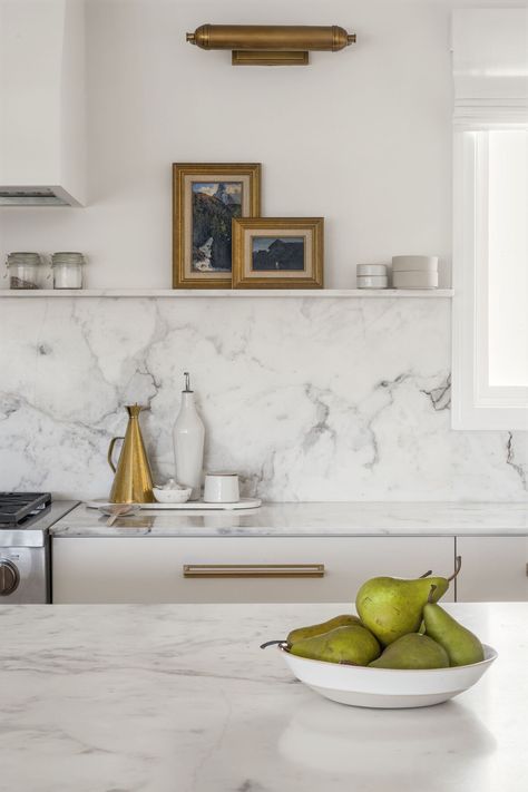 Marble shelf above cooktop. Perfect for leaning art and spices. Kitchen With Marble Shelf, Range Hood With Shelves, Spice Shelf Above Stove, Marble Shelf Kitchen, Shelf Above Range, Floating Marble Shelf, Kitchen Without Top Cabinets, Shelf Above Stove, Backsplash Shelf