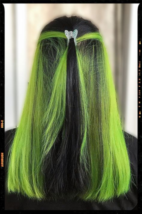 Neon Green Peekaboo - Hair Color Idea Neon Green Hair Highlights, Green Peekaboo Highlights, Green Peekaboo Hair, Neon Green Highlights, Green Peekaboo, Under Hair Dye, Colorful Highlights, Nct Concert, Neon Green Hair