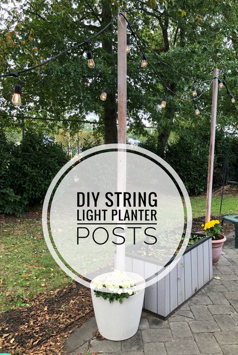 how to make DIY string light posts to light up your patio - this is such an easy way to light up a patio! Cottage Deck, Backyard Lights, Light Posts, Planting Mums, Outdoors Ideas, Lights Patio, Deck Decor, Plant Lights, Diy String Lights