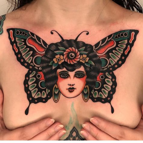 Lady Butterfly Chest Tattoo | Tattoo Ideas and Inspiration Butterfly Lady Tattoo, Flapper Tattoo, Traditional Chest Tattoo, Traditional Tattoo Woman, Traditional Butterfly, Butterfly Lady, Lady Tattoo, Minimalist Tattoo Ideas, Chest Tattoos For Women