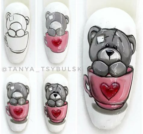 Animal Nail Designs, Nails For Sale, Disney Acrylic Nails, Animal Nail Art, Bears Nails, Art Deco Nails, Gel Nail Art Designs, Nail Drawing, Valentine Nail Art