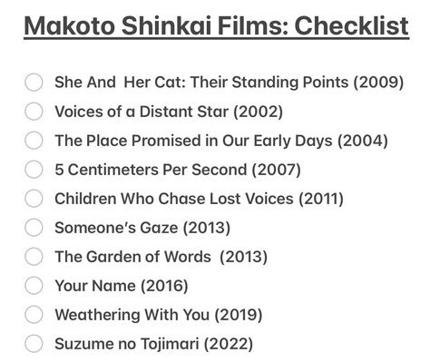 Anime
Your name Makoto Shinkai Art, Anime Checklist, Your Name 2016, Makoto Shinkai Movies, She And Her Cat, Lost Voice, Makoto Shinkai, The Garden Of Words, Garden Of Words