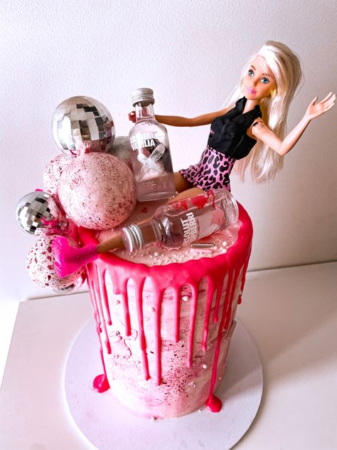 Disco Barbie Cake, 21st Birthday Cake With Barbie, Barbie Alcohol Cake, Drunk Barbie Cake 18th, 21st Birthday Drink Cake, Boozy Barbie Cake, Drunk Barbie Cake, Birthday 20, Disco Cake