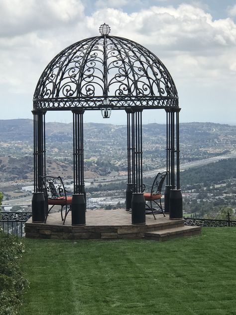 One of our favorite custom designs! Decorative Gates, Black Gazebo, Iron Gazebo, Iron Pergola, Metal Arbor, Courtyard Pool, Pathway Landscaping, Outdoor Pavilion, Garden Pavilion