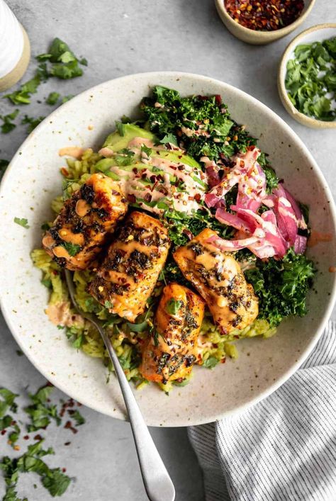 Farro Salmon Bowl, Salmon Chickpea Bowl, Salmon Kale Bowl, Salmon Nourish Bowl, Sweet Potato And Salmon Recipes, High Protein Salmon Bowl, Salmon Sweet Potato Bowl, Salmon Veggie Bowl, Salmon Grain Bowl