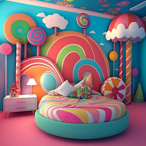 Candy Bedroom Theme, Candy Themed Room, Rainbow Bedroom Ideas Kids, Unique Furniture Ideas, Candy Furniture, Candy Themed Bedroom, Candy Room, Bedroom Interior Design Ideas, Weird Furniture