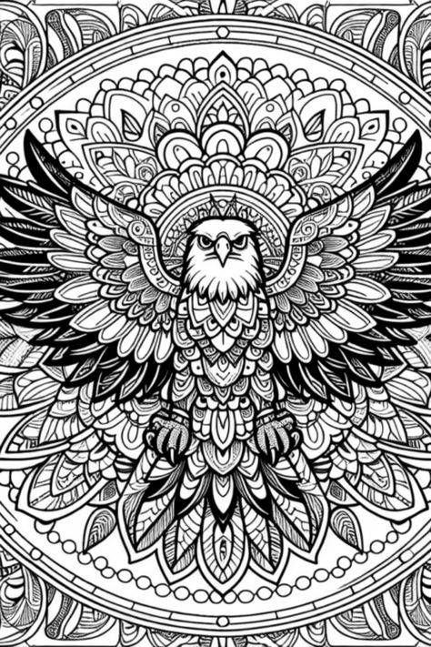 Get lost in the beauty of this intricate mandala featuring a majestic eagle spread glamourously across this captivating coloring page. Unveil your creative side by adding life to the detailed feathers and fancy artwork, making it a joyful and inspiring coloring journey! Fancy Artwork, Forest Coloring Pages, Enchanted Forest Coloring, Mandala Animal, Intricate Mandala, Native American Traditions, Forest Color, Free Adult Coloring Pages, Mandala Coloring Books