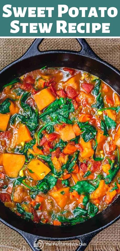 This vegetarian sweet potato stew is a MUST-TRY! Tender sweet potatoes, prepared Mediterranean-Style with spinach, tomatoes, aromatics and a few warm spices. So good! #mediterraneandiet #sweetpotatoes #stew #vegan #veganstew #vegetarianstew #sweetpotato #glutenfree Mediterranean Soup, Sweet Potato Stew, Stew Vegan, Vegetarian Stew, Potato Stew, Vegan Stew, The Mediterranean Dish, Sweet Potato Spinach, Stewed Potatoes