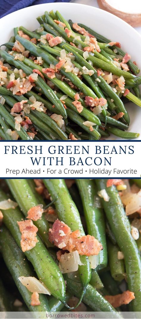 Green beans cooked in a rich broth full of smokey bacon, savory onions and aromatic garlic make these Fresh Green Beans with Bacon exceptionally flavorful. With easy prep-ahead instructions, they make the perfect side dish to serve at your next holiday dinner or weeknight meal! #greenbeans #bacon #sidedish #fresh #easy #sides #veggies #thanksgiving #christmas #easter #holidayrecipe Garlic Bacon Green Beans, Green Beans Bacon Onion, Fresh Green Beans With Bacon, Greenbeans Bacon, Veggies Thanksgiving, Bacon Green Beans Recipe, Sides Veggies, Oven Green Beans, Fresh Green Bean Recipes