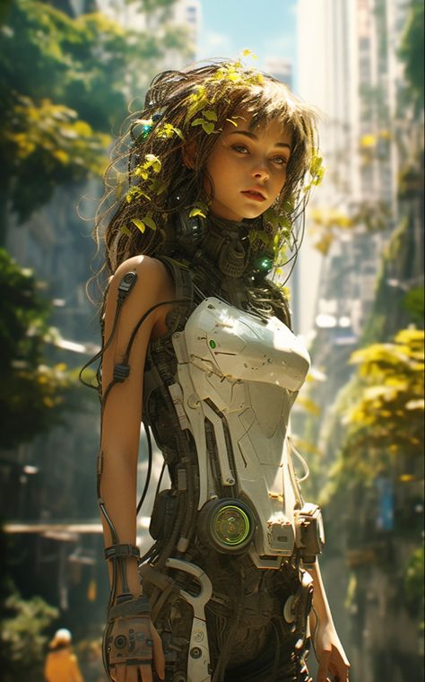 Created with Midjourney Dystopian Future Character Design, Biopunk Aesthetic Outfit, Eco Cyberpunk, Eco Futurism Fashion, Biopunk Character Art, Biopunk Concept Art, Solarpunk Character Design, Solar Punk Character, Solarpunk Outfit