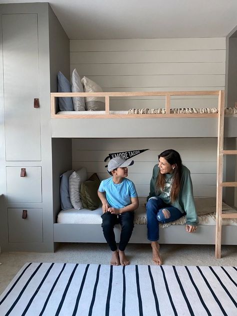 Built In Bunks In Living Room, Built In Bunk Beds With Drawers, Wallpaper Bunk Beds, Natural Wood Bunk Bed, Toddler Bedroom Bunk Bed, Painted Built In Bunk Beds, Toddler Boys Bunk Beds Room Ideas, Bunk Bed Boys Room Ideas, Builtin Bunkbeds