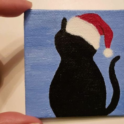 Quirky Christmas Cat Magnets hand-painted on  mini canvas boards. 
#christmas #christmasmagnet #christmasdecor #magnets #cats #quirky #minicanvas #handpainted #meowychristmas #meow #acrylic #santahat #striped #christmastree Christmas Cat Paintings On Canvas, Cat Christmas Painting Easy, Easy Canvas Art Christmas, Easy Small Christmas Painting, Mini Canvas Cat Painting, Diy Christmas Paintings On Canvas Easy, Easy Winter Paintings On Canvas, Canvas Painting Ideas Easy Christmas, Easy Things To Draw Christmas