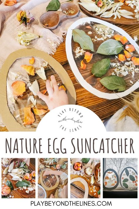 Nature suncatchers make the perfect window decor. Add some seasonal touches by using specific shaped frames. For Easter we chose to use egg frames. Repurpose dried flowers or collect nature pieces of your own. Set out the pieces for the perfect process art activity for any age. Easter Egg For Toddlers, Nature Easter Eggs, Spring Provocations For Toddlers, Reggio Nature Activities, Nature Process Art Preschool, Nature Easter Activities, Nature Easter Crafts, Easter Egg Activities For Toddlers, Easter Process Art For Preschool