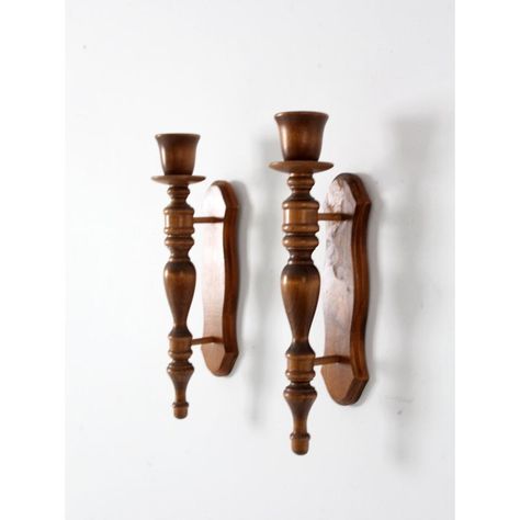 Illuminate any living space with these charming vintage wooden candle sconces. Boasting a graceful turned wood design, these truly unique wall candle holders will bring a timeless elegance to your home. Vintage Wood Decor, Chandelier Mural, Wood Turning Ideas, Vintage Wall Candle Holders, Wooden Candle Sconces, Wooden Wall Candle Holders, Turned Candlesticks, Wooden Candle Stand, Wall Mounted Candle Holders