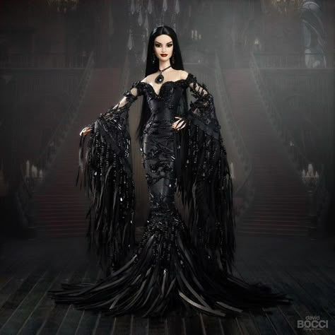 Film Costume Ideas, Barbie Black And White, Gothic Vampire Aesthetic, Morticia Addams Dress, Addams Morticia, Morticia Addams Costume, Maegor The Cruel, Gothic Barbie, Anne Green Gables