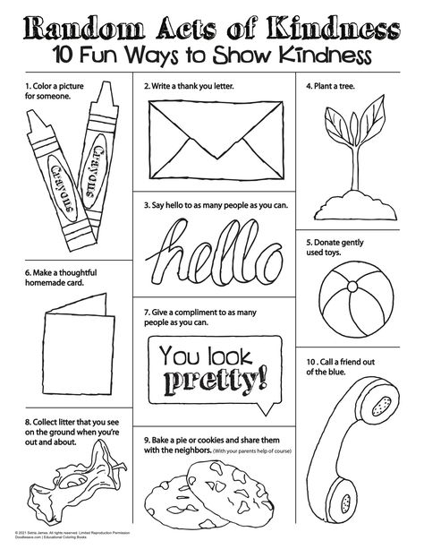 Fun + Easy Acts of Kindness Infographic Coloring Pages | Coloring Pages for Kids | Printable Coloring Pages Acts Of Kindness At School, Kindness Preschool Crafts, Random Acts Of Kindness Ideas For School, Kindness Worksheets For Kids, Kindness Crafts For Kids, Ways To Show Kindness, Kindness Crafts, Acts Of Kindness For Kids, February Preschool