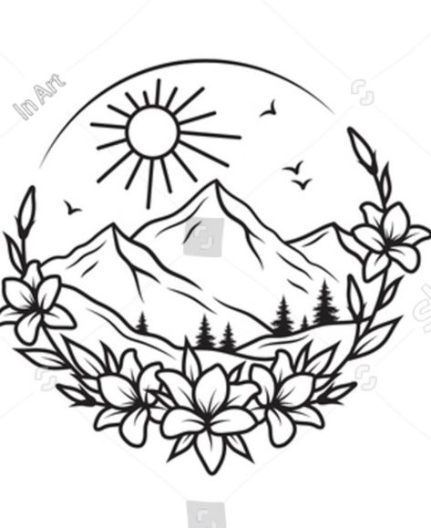 Mountain Flowers Drawing, Wood Burn Mountains, Wood Burning Ideas Flowers, Mountain Pyrography, Montana Tattoo Ideas, Mountain Tattoos For Women, Mountain Coloring Pages, Western Coloring Pages, Nature Outline