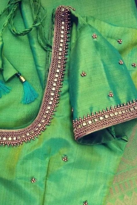 Green Blouse Aari Work Designs Simple, Simple Aari Work For Blouse, Blouse Designs Latest Aari Work, Green Maggam Work Blouses Design, Aari Simple Blouse Design, Simple Green Blouse Designs For Saree, Latest Simple Blouse Work Designs, Simple Aari Designs For Blouse, Maggam Work Blouse Designs Latest Simple