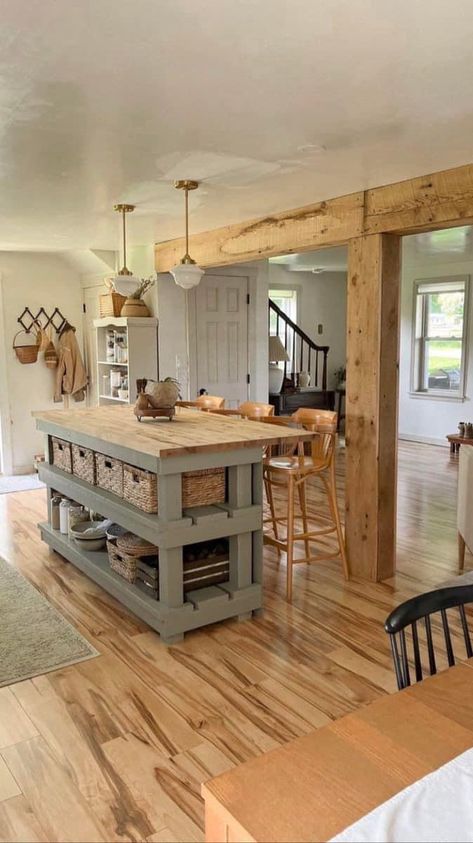 Rustic Family Room, Dark Bohemian, Wooden Island, Open Concept Kitchen Living Room, Budget Kitchen Makeover, Cozy Rooms, Cozy Homes, Support Beams, Barn Style House Plans