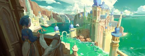 Seaside City Fantasy Art, Fantasy Seaside City, Bill Beastars, Seaside Castle, Fantasy Background, Location Inspiration, Landscape Concept, Paintings And Drawings, Image Painting