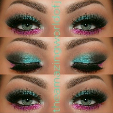 Turquoise Eyeshadow, Teal Eyes, Pink Eye Makeup, Dramatic Eye Makeup, Green Makeup, Beauty Make-up, Dramatic Eyes, Colorful Eye Makeup, Pink Eyeshadow