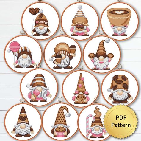 Unique Cross Stitch Patterns, Coffee Cross Stitch, Coffee Gnome, Gnome Cross Stitch, Cross Stitch Pattern Easy, Unique Cross Stitch, Art 2023, Sweet Coffee, Design Number