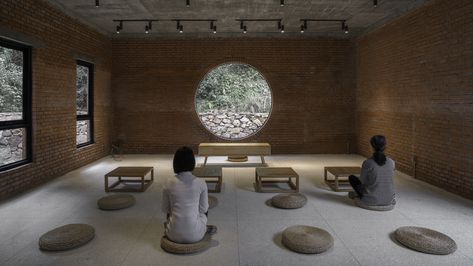 B Garden,Interior view of Multi-Function Hall. Image © Meng Zhou Meditation Space Architecture, Outdoor Meditation Space, Meditation Tea, Indian Meditation, Meditation Room Design, Outdoor Meditation, Brick Material, Function Hall, Garden Interior