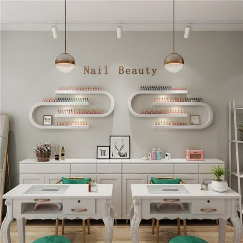 Nail Room Ideas Home, Desain Salon Kuku, Ideas Decoracion Salon, Nail Polish Shelf, Nail Room Ideas, Nail Salon Interior Design, Nail Salon Interior, Beauty Room Salon, Nail Station