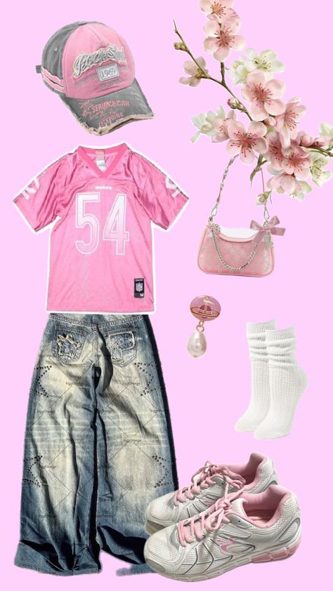 Pink outfit inspo🎀 #outfitinspo #vintage #beauty #pinkaesthetic #pink #pinkaestheticshuffle #fitinspo #sigma #silver #bows Pink Dance Outfits Hip Hop, Pink Jersey Outfit, Pink Streetwear Outfit, Y2k Pink Outfit, Gold Birthday Outfit, Hip Hop Dance Outfits, Birthday Fit, Pink Streetwear, 2000s Streetwear