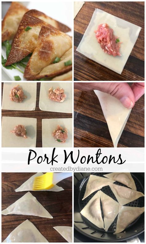 pork wontons cooked in oil or the air fryer createdbydiane.com Airfry Wonton Recipes, Wonton Air Fryer, Wonton Wrapper Recipes Air Fryer, Air Fryer Wonton Recipes, Wontons In Air Fryer, Pork Wonton Recipes, Recipes Using Wonton Wrappers, Air Fryer Wontons, Pork Wonton Recipe