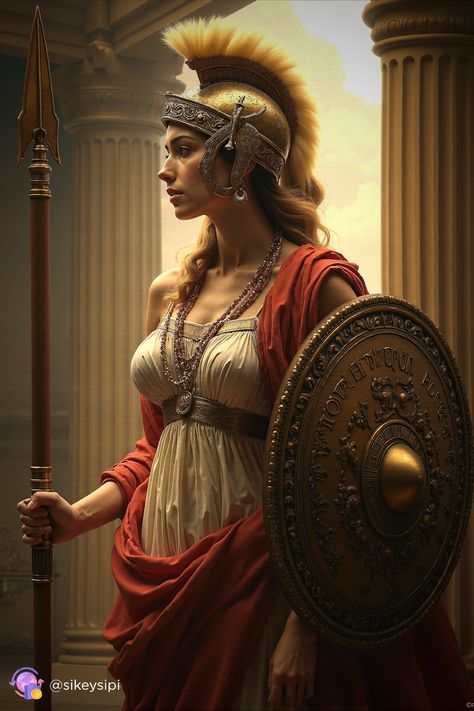 Athena, the patroness of Athens, stands tall with her gleaming armor and sharp mind. Her leadership transcends battle, guiding cities and souls toward justice and order. Join her in defending wisdom and truth! #GuardianAthena #WisdomAndJustice #GreekMythsRevived #PowerAndElegance Greece Goddess, Warrior Female, Athena Greek Goddess, Luna Artemis, Golden Armor, Sharp Mind, Luna And Artemis, Greece Outfit, Goddess Of Wisdom