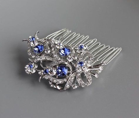 Sapphire Blue Hair, Jewelry Bouquet, Blue Hair Clip, Wedding Comb, Crystal Hair Accessories, Side Comb, Vintage Hair Clips, Wedding Day Jewelry, Crystal Hair Comb