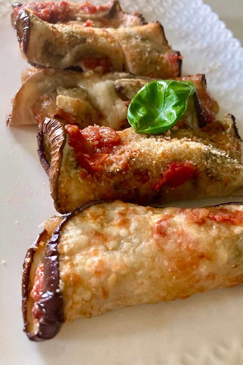 Cheesy Eggplant Roll-Ups (Involtini di Melanzane) - Recipes from Italy Eggplant And Zucchini Recipes, Asian Eggplant Recipes, Eggplant Roll Ups, Italian Eggplant Recipes, Cheesy Eggplant, Eggplant Mozzarella, Baked Zucchini Fritters, Recipes From Italy, Eggplant Rolls