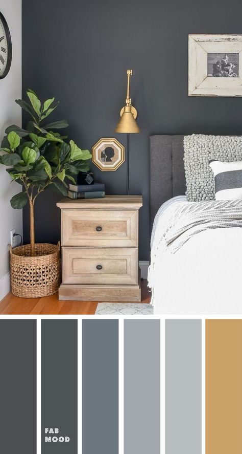 Color inspiration Archives - Page 4 of 23 - Fabmood | Wedding Colors, Wedding Themes, Wedding color palettes Gold Accents Bedroom, Gray Accent Wall Bedroom, Grey And Gold Bedroom, Dark Gray Bedroom, Bedroom Wall Colors, Dekorasi Kamar Tidur, Gold Bedroom, Gray Walls, Accent Wall Bedroom